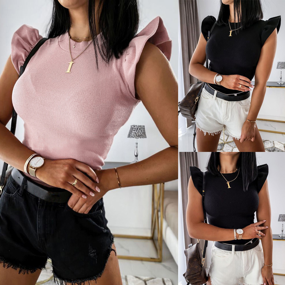 European and American spring and summer wish tops featuring fashion solid color round neck short-sleeved tops