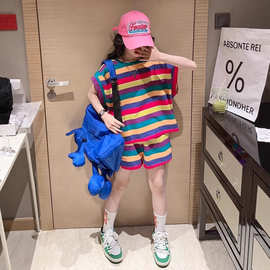 女童夏装套装2025新款洋气儿童网红夏天衣服女大童夏季短裤两件套
