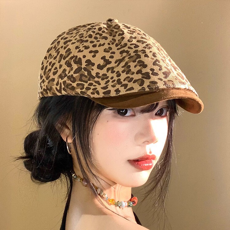 美式复古辣妹风豹纹前进帽大头围显脸小帽子女款春秋百搭贝雷帽潮|undefined