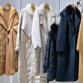 25冬水貂毛高级韩系温柔大码鹅绒拼羊绒外套大衣品牌折扣直播货源
