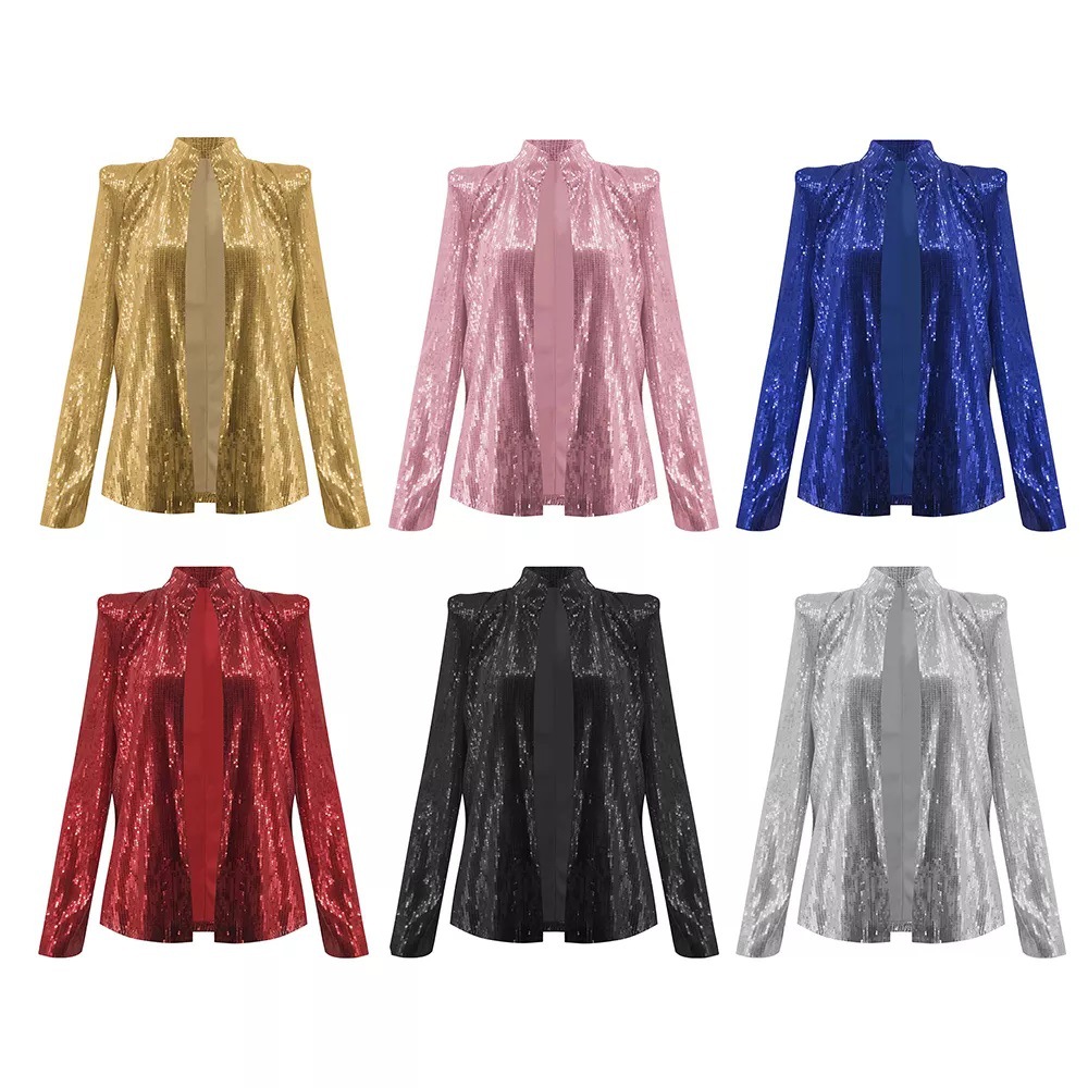 Women's Fashion Solid Color Sequins Patchwork Placket Coat Jacket display picture 1