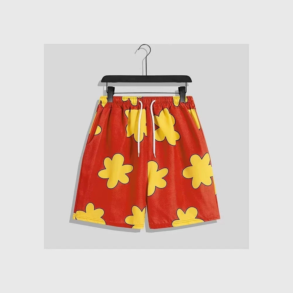 Hong Kong style retro floral print men's loose plus size ice silk quick-drying Hawaiian style casual beach shorts for couples