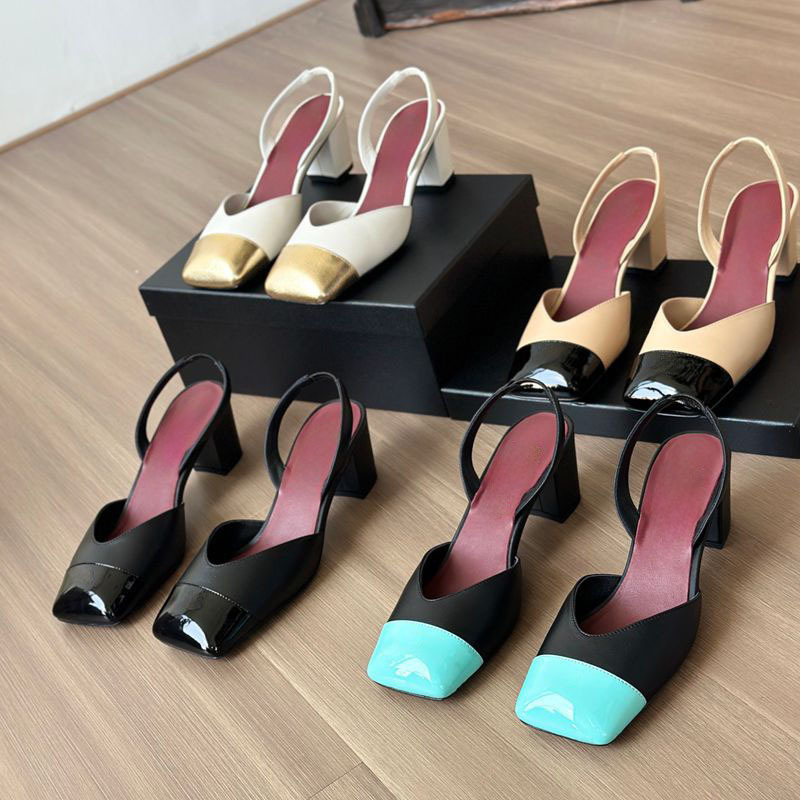 Elegant and Stylish! Little Fairy-Style Spring-Summer Chanel-Inspired Back-Strap Chunky Heel Closed-Toe Sandals, Color-Blocked Square-Toe High Heels
