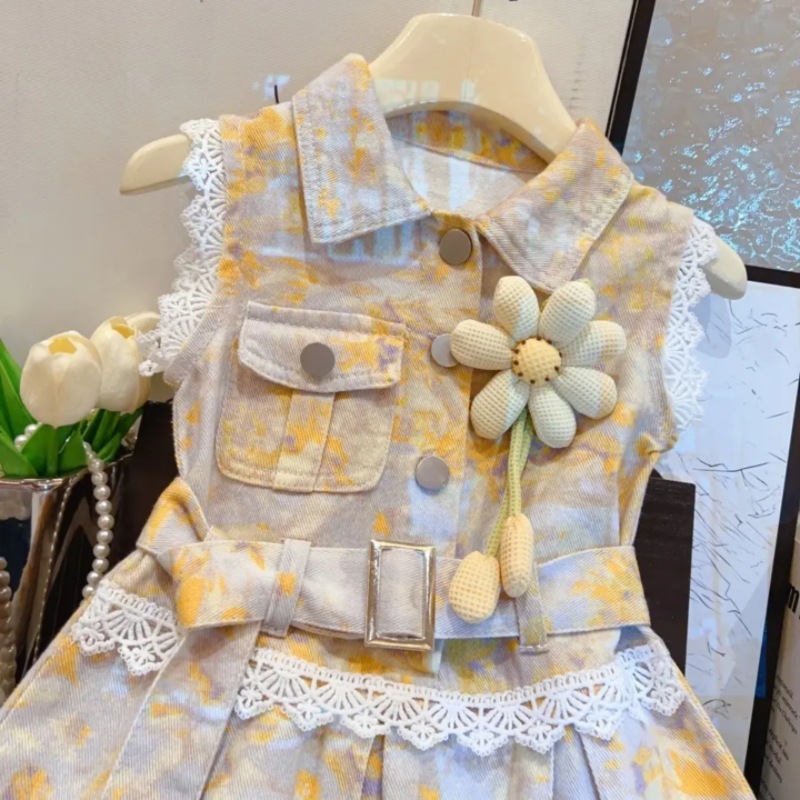 2025 新しい夏の女の赤ちゃんハイエンドプリントソフトデニムスプライシングスカートレースドレスノースリーブデニムスカート|undefined