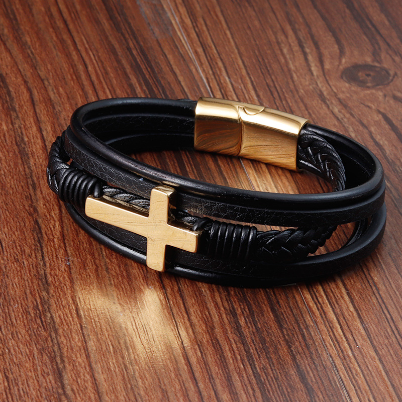 30g Weight Bracelets Classification Leather Chain Material 1 Piece Quantity Daily Occasion Leather, Titanium Steel Material Cross Pattern Men's Gender Layered, Polishing Design Retro, Ethnic Style Style Retro Ethnic Style Cross Leather Titanium Steel Layered Polishing Men's Bracelets Men Cord & Leather Bracelets 10