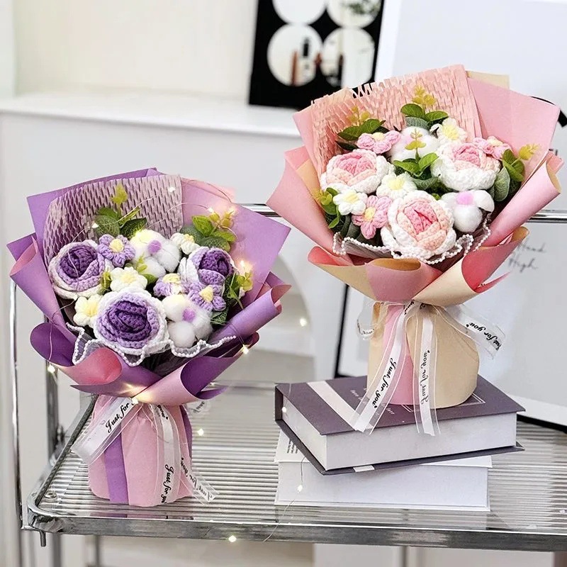 Ramo terminado de rosas tejidas a mano transfronterizas, flor de lana, regalo de cumpleaños para novia, amigo, madre