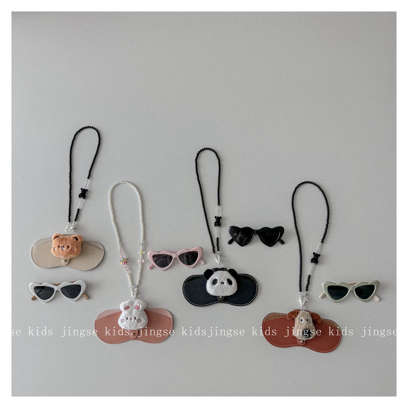 Hanging Neck Glasses Bag~Ins Style Cute Kidsren's Heart Sunglasses with Hanging Neck Pearl Chain Glasses Case Set