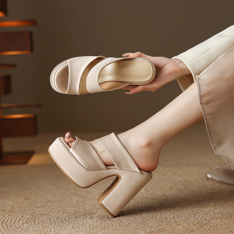 Sandal cao gót nữ hở mũi đế xuồng 13 cm quai ngang — màu trắng ngà, màu mơ