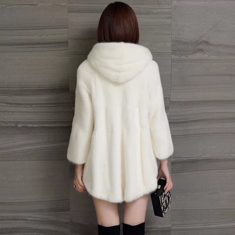 2025 New Women's Imitation Mink Fur Coat, Mid-Length, Hooded, Waist-Closed, in Black, Rice, Beige