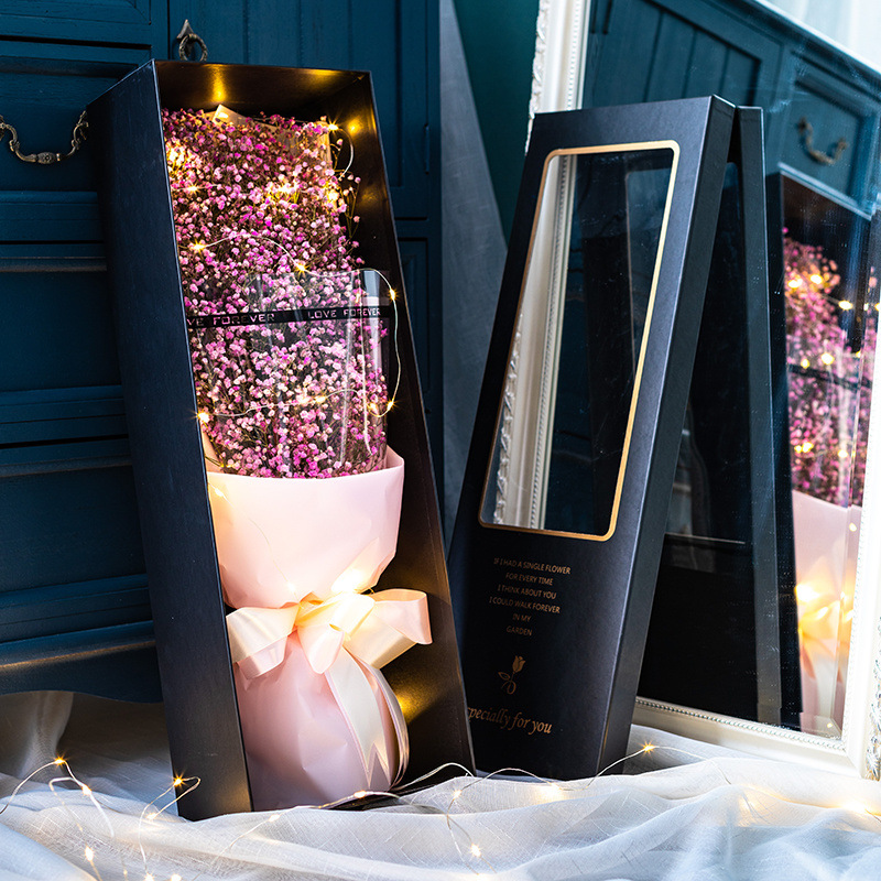 고급스러운 퓨어 핑크 아기 호흡 60cm 선물 상자 - 꽃다발 + 선물 상자 + LED 조명
