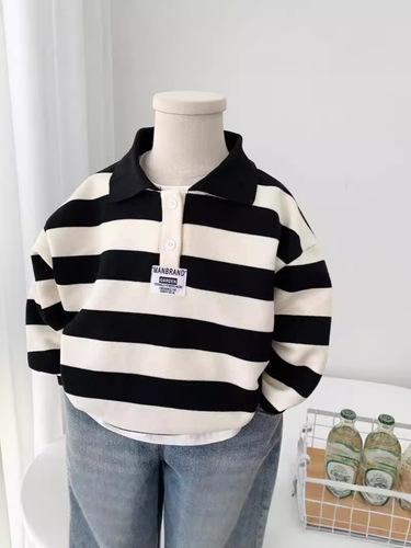 Children's Spring and Autumn Fashion Korean Version 2024 New Arrival Middle and Big Kids Loose Striped Alphabet Boy Long Sleeve Hoodie Trendy