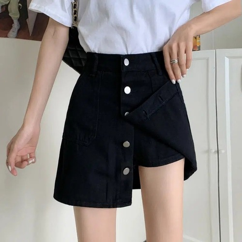 Black denim short skirt, half-length, spring and autumn Korean style, high-waisted, slimming, buttoned, anti-transparent lining, pocketed A-line skirt