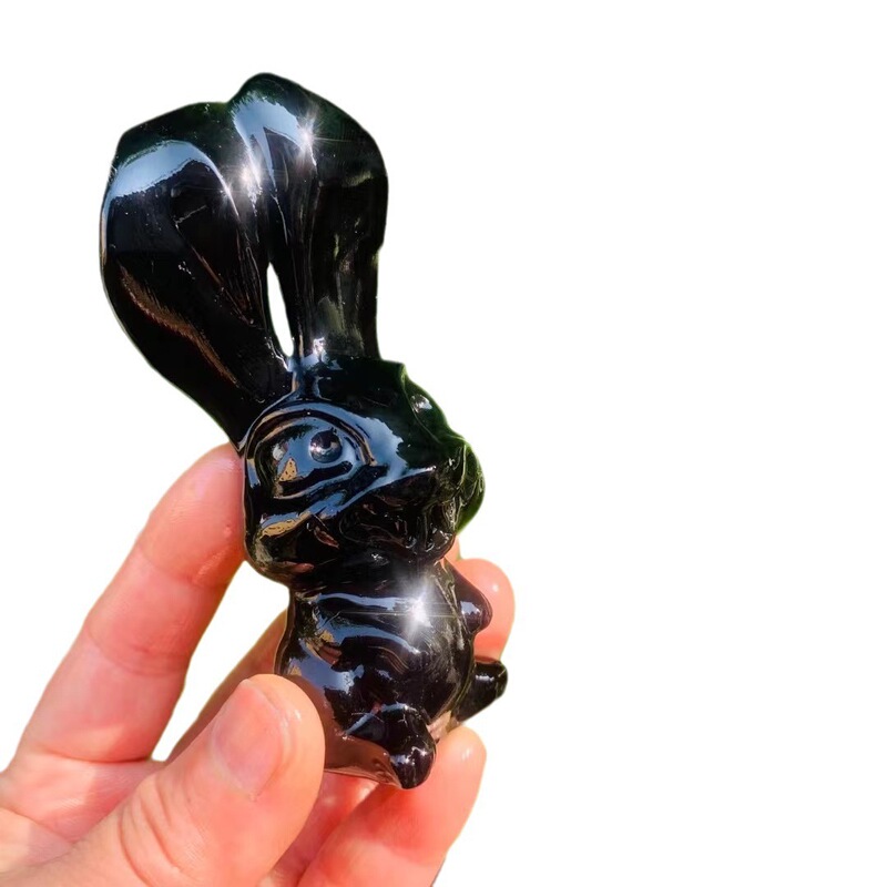 天然水晶黑曜石雕刻件长耳兔水晶小摆件 图 3