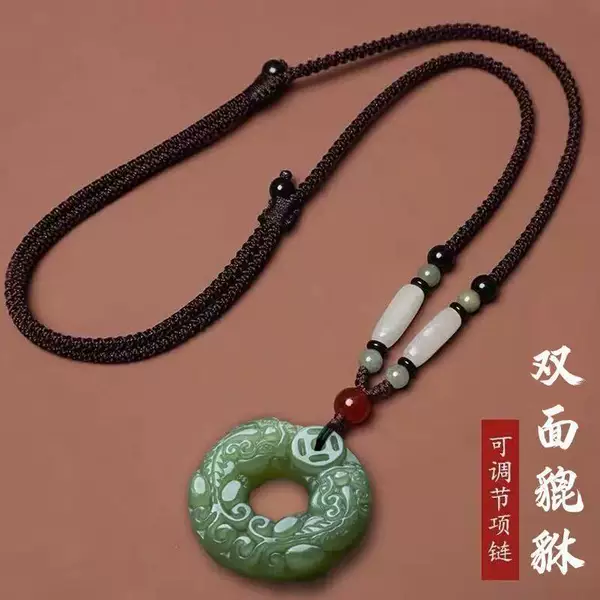 Double-sided jade Pixiu pendant, fortune-bringing and peace-amulet necklace, unisex vintage long style, adjustable for couples