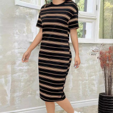 针织条纹圆领短袖女士春夏休闲连衣裙