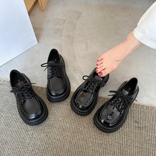 Platform Loafers Women's 2024 Spring and Autumn New All-match College Black Single-layer Shoes Lace-up British-style JK Small Leather Shoes