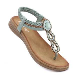 Spot 2025 New European and American Sandals Bohemian Rhinestone Comfortable Round Toe Seaside Vacation Large Size Flats Shoes