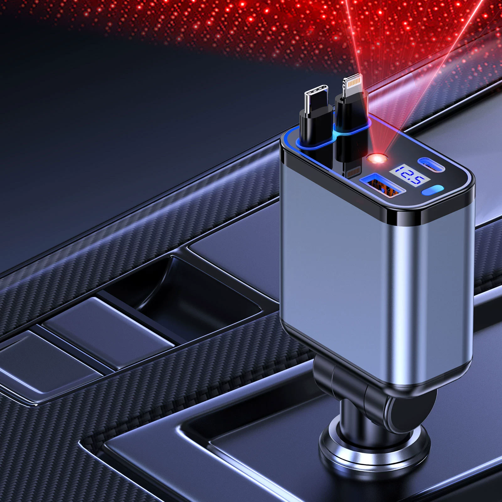 Трансграничное металлическое автомобильное зарядное устройство супер быстрая зарядка четыре в одном телескопическая линия PD быстрая зарядка прикуривателя автомобиля оптом