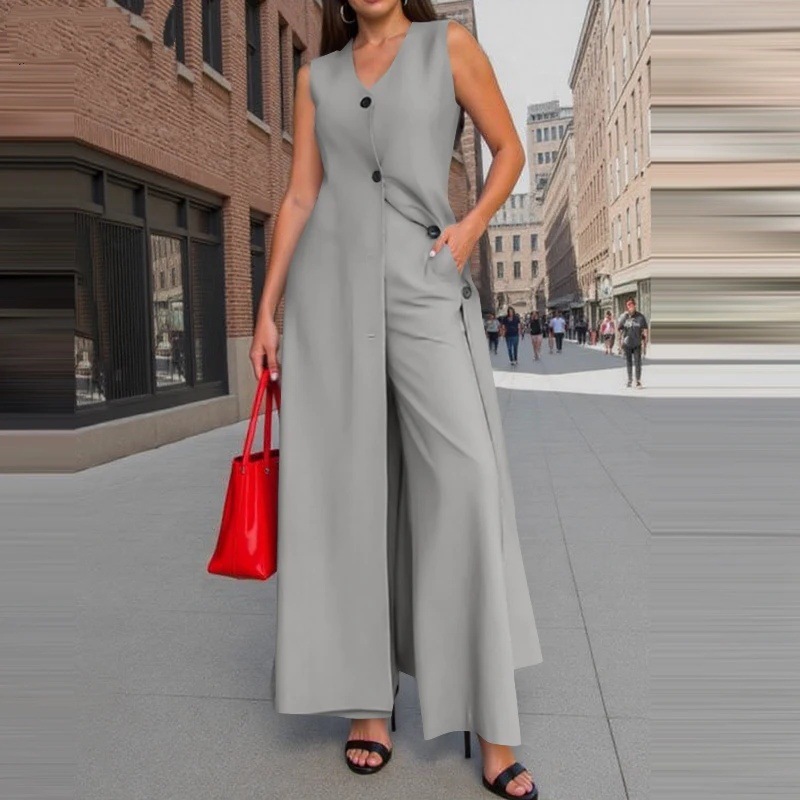 Women's Fashion Street Style Two Piece Set Sleeveless Long Top Wide Leg Pants Solid Color Summer_ecoleips.com