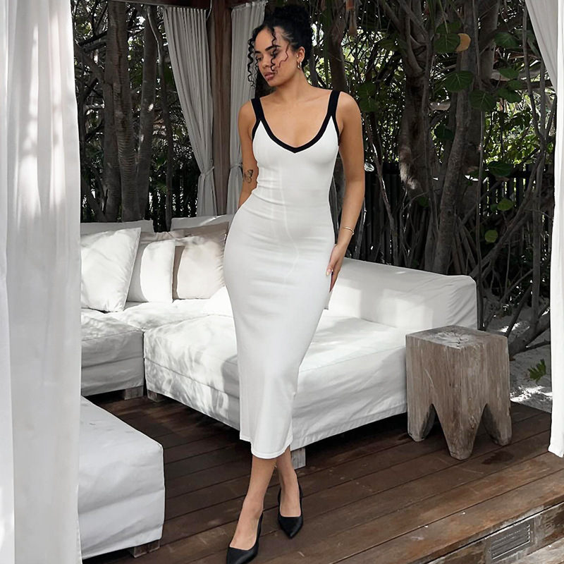 Ropa de mujer de estilo europeo y americano, venta caliente transfronteriza de Amazon, nuevo color en contraste, temperamento sin espalda delgado, vestido de cadera, mujer image 7