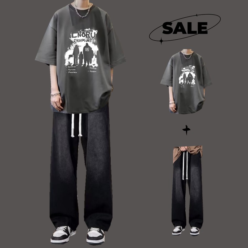 [two-piece set] three people dark gray + jeans