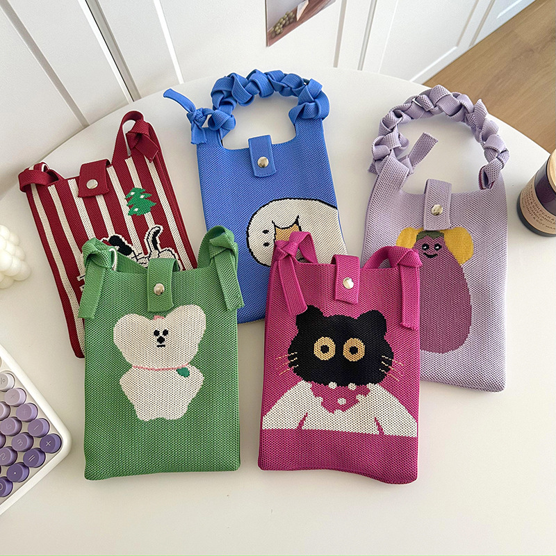 Linda bolsa de teléfono móvil de punto dulce, mensajero de un solo hombro, mini bolsa multiusos, textura, bolso de mano casual al por mayor