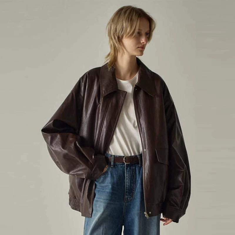 FACA * E PATTE * N кожаное пальто для женщин осенне-зимний минималистичный мотоциклетный стиль модная продвинутая куртка с широкими плечами куртка