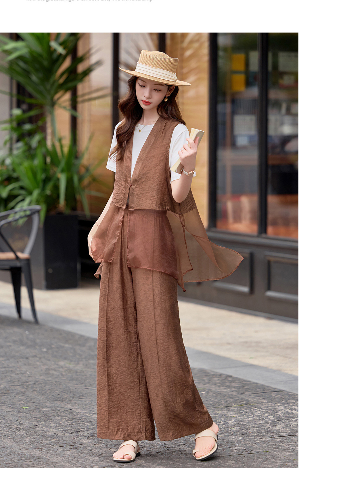 Bộ quần áo nữ V-neck vest kết hợp quần ống rộng hai mảnh mùa hè 2026 — màu đen, màu cà phê chi tiết 18