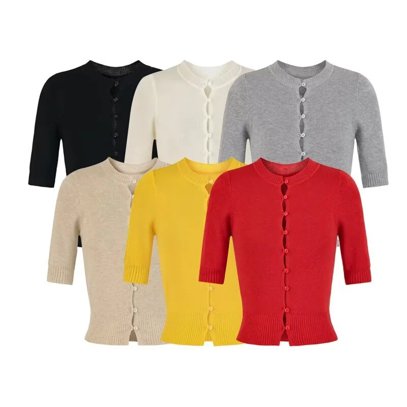Korean Women's Small Round Neck Hollow-Out Buttoned Mid-Sleeve Knit Cardigan, American Style Slim-Fit Short Top for Spring and Autumn Korean Women's Small Round Neck Hollow-Out Buttoned Mid-Sleeve Knit Cardigan, American Style Slim-Fit Short Top for Spring and Autumn
