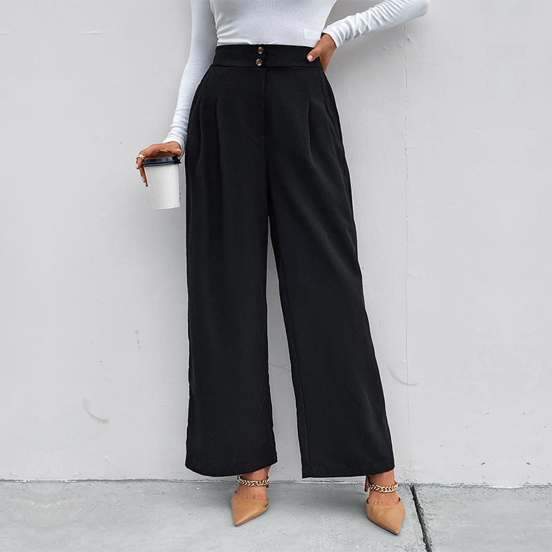 afslappede højtaljede pendler-stil afslappede bukser forår og efterår nye løse sorte bukser med brede ben_voghion.com