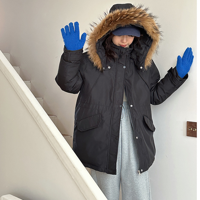 外贸真毛领派克服女中长款连帽棉服宽松百搭加厚面包服秋冬新棉衣