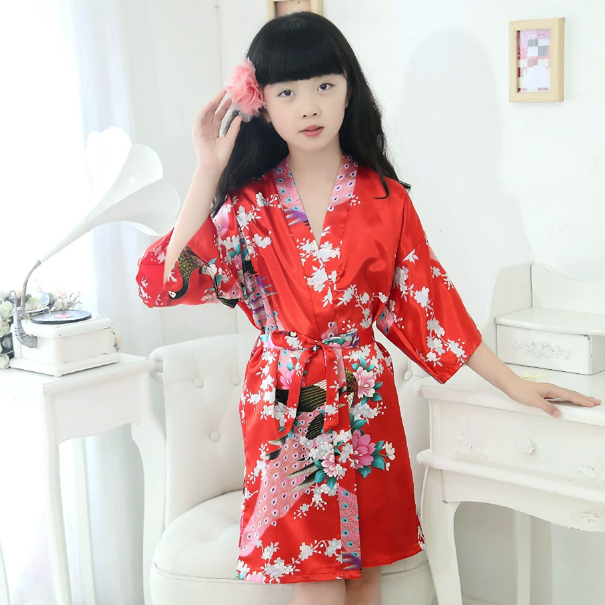 Трансграничная шелковая детская ночная рубашка Внешняя торговля Павлин халат для девочек кимоно с принтом летний амазонский Халат