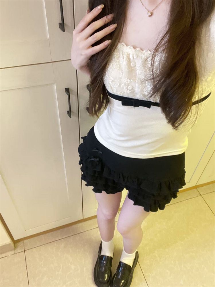 Korean-Style Lace Patchwork Bow Short-Sleeve T-Shirt for Women, Summer Slim-Fit Puff Sleeve Square Neck Top