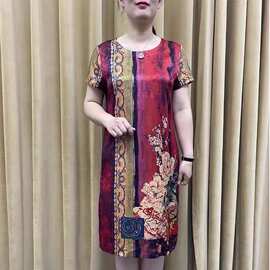 亚马逊2022新款夏装减龄中老年气质大码印花裙子中年妈妈连衣裙女