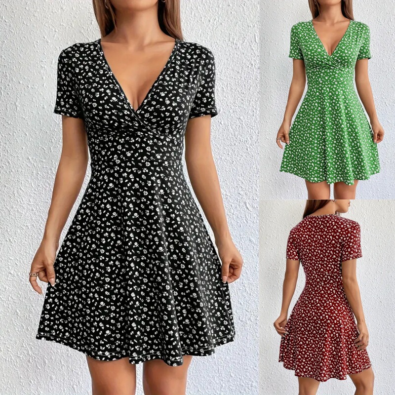 2025 Cross-Border Amazon European and American Style V-Neck Waist-Cinching Midi Dress Casual Short-Sleeve Floral Dress Elegant and Versatile