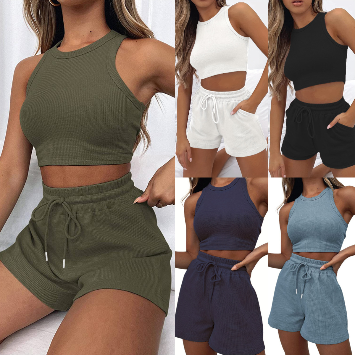 Conjunto de 2 peças feminino colete sem mangas e calça waffle_voghion.com