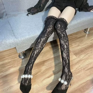 白色蕾丝jk蝴蝶结丝袜女春秋款过膝袜性感黑丝长筒美腿袜