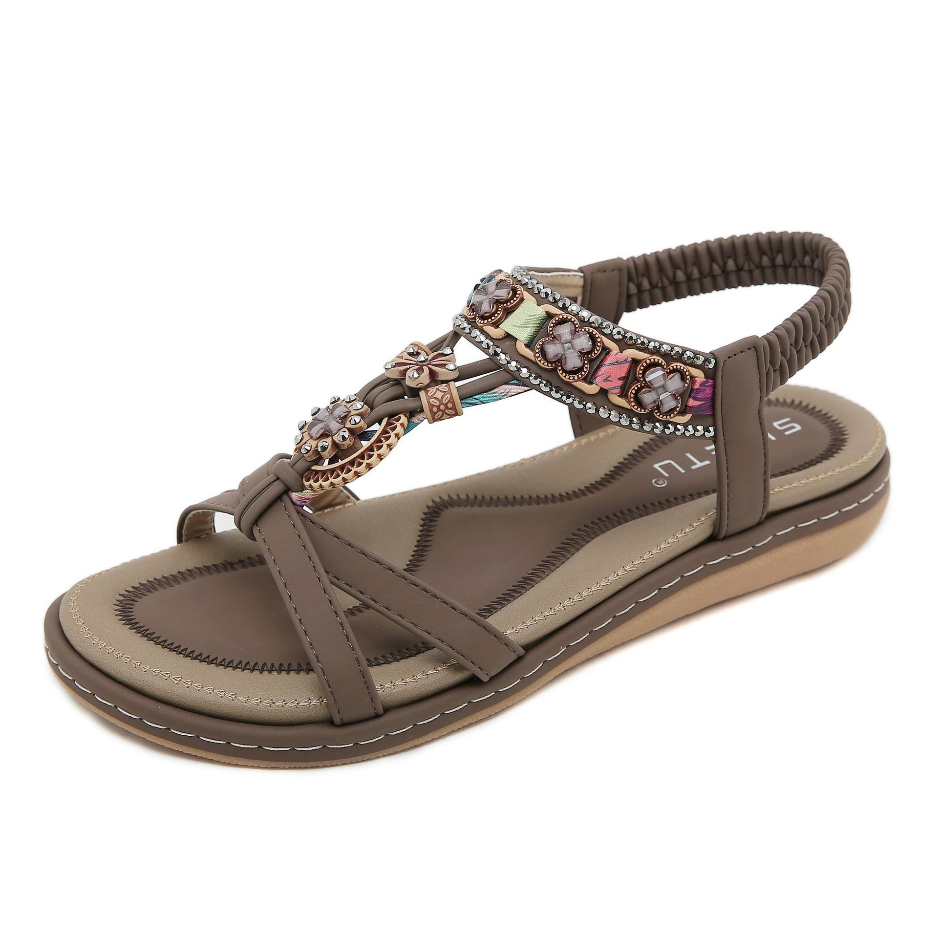 W676-1 nuevo 2024 transfronteriza rhinestone flor casual moda todo partido Sandalias planas de las mujeres Tailandia playa
