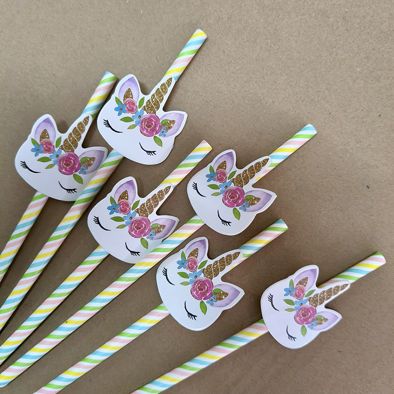 Decoración de fiesta de unicornio transfronterizo de papel arcoíris pajita desechable de cóctel degradable decoración de pastel