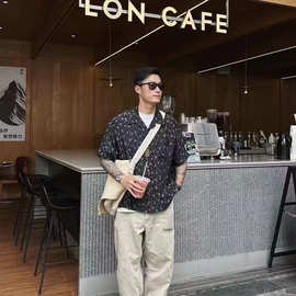 高品质visvi黑豹纹夏威夷短袖衬衫男薄款冰丝海边休闲沙滩衬衣夏