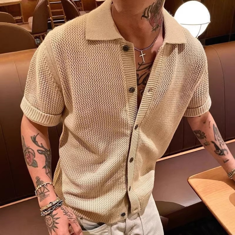 Collared Knit Short-Sleeve T-Shirt for Men, Summer Old Money Style, Hollow-Out Design, High-End Feel, Cross-Border Wholesale Half-Sleeve Cardigan Top