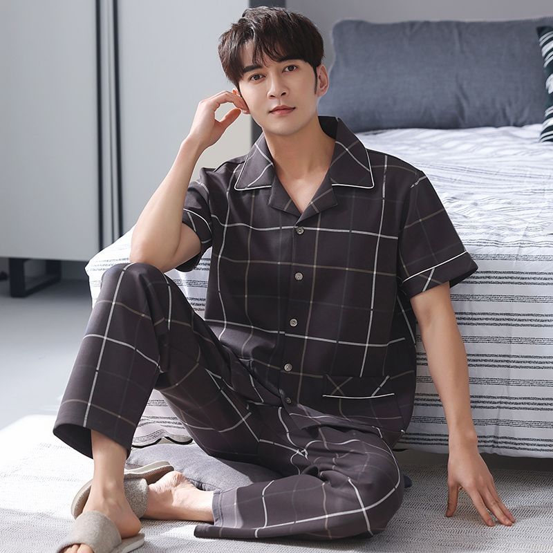 Pijamas de los hombres de verano 100% pantalones de algodón de manga corta cardigan de los hombres ropa de verano delgado más traje de tamaño