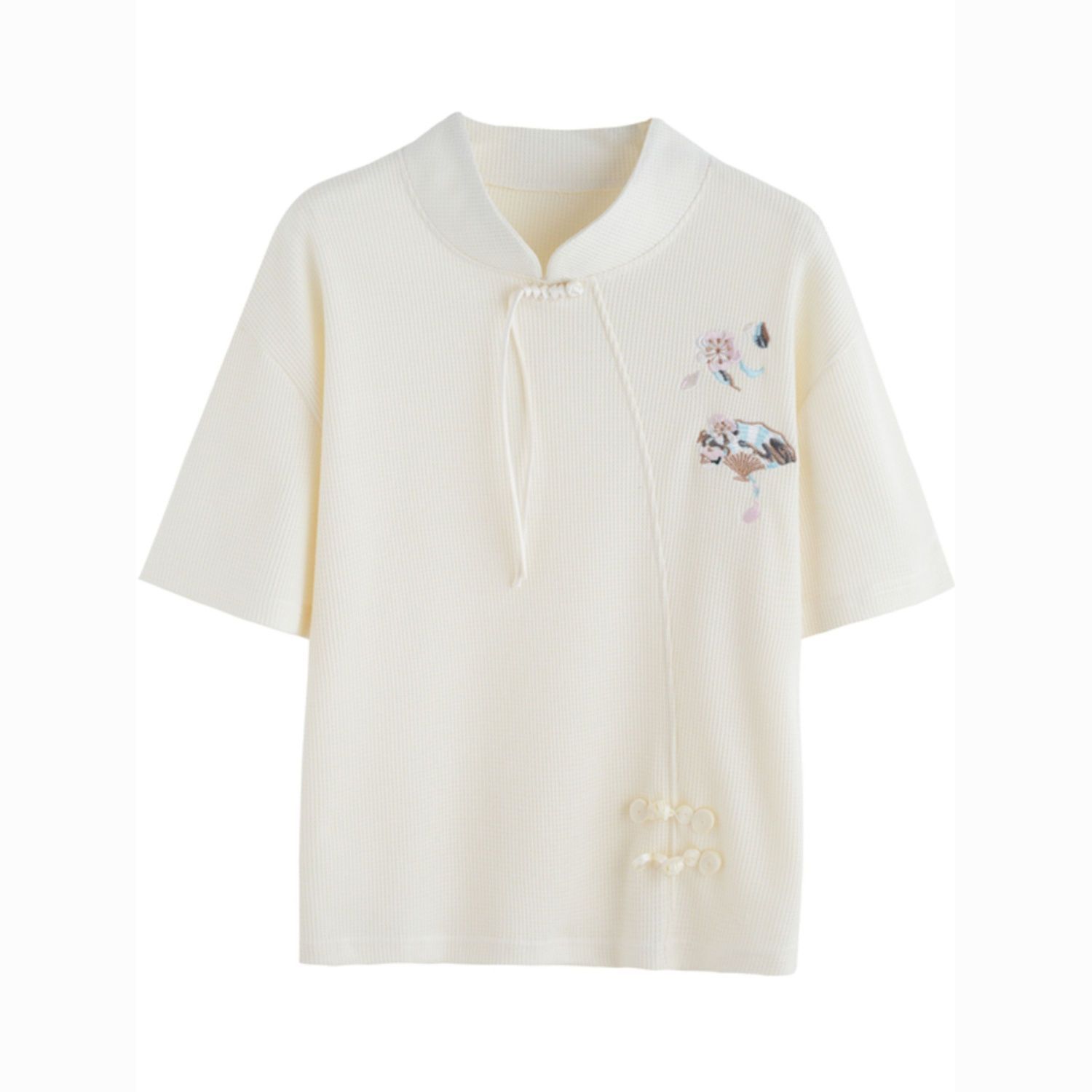 Waffle camiseta de manga corta para mujer, verano suelto, talla grande, sentido de diseño para mujer, nuevo top con hebilla de disco de estilo chino de Xiaozhong image 6