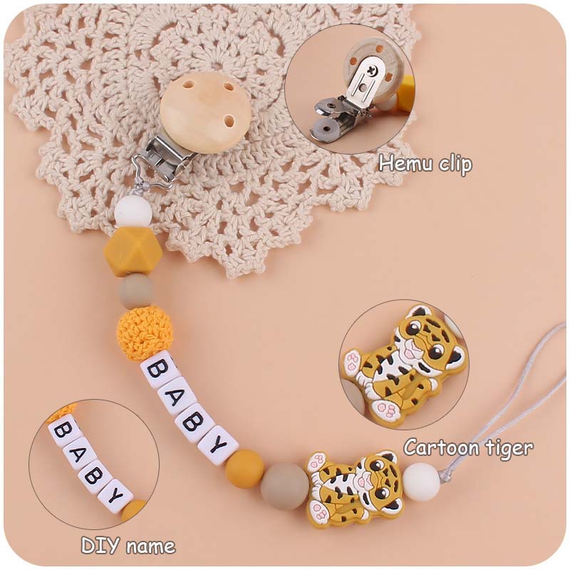 Nuevo bebé suministros de dibujos animados animal Tigre chupete cadena calmante bebé mordedura de silicona cadena molar cadena anti-caída