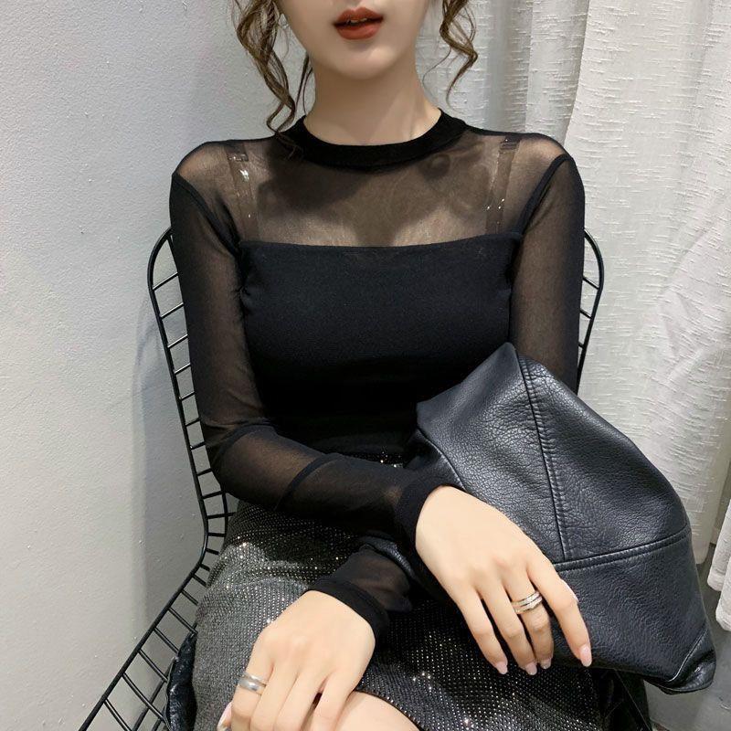 Half-high Collar Red Lace Shirt Women's Spring New Stretch Inner Shirt Top Mesh Stitching Micro-transparent Base Shirt