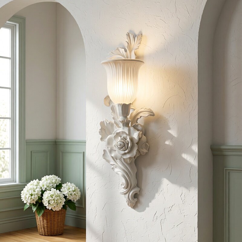 French-Style Wall Lamp for Living Room, Entrance Hall, Corridor, Background Carved Art Lighting, Palace-Style High-End Cream-Colored Floral Wall Lamp