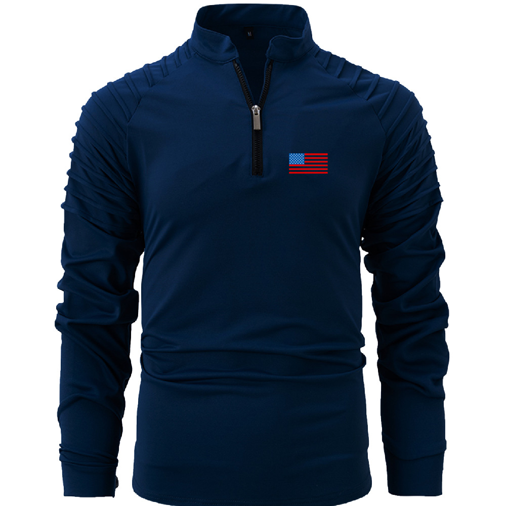 Monochrome Man- European American Men's Casual Sports Long-Sleeve Stand-Up Collar Polo Shirt With Arm Pleats And_voghion.com
