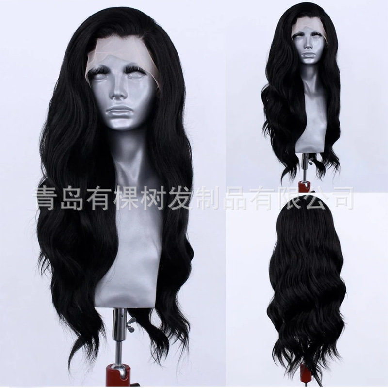 Wholesale Cross-Border European and American Wigs, Black Big Wave Body 13*4 Front Lace Synthetic Fiber Hairpieces, Realistic Hair Wigs