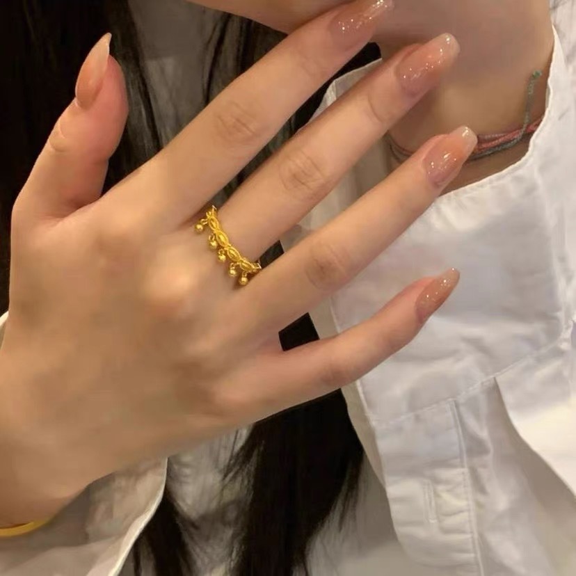 Vintage Gold Plated Wave Tassel Ring With Lucky Bead Elegant_voghion.com