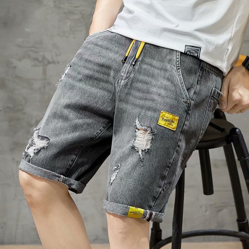 Summer denim shorts for men, trendy ripped design, elastic waist, loose fit, trendy brand, 5-point mid-length pants